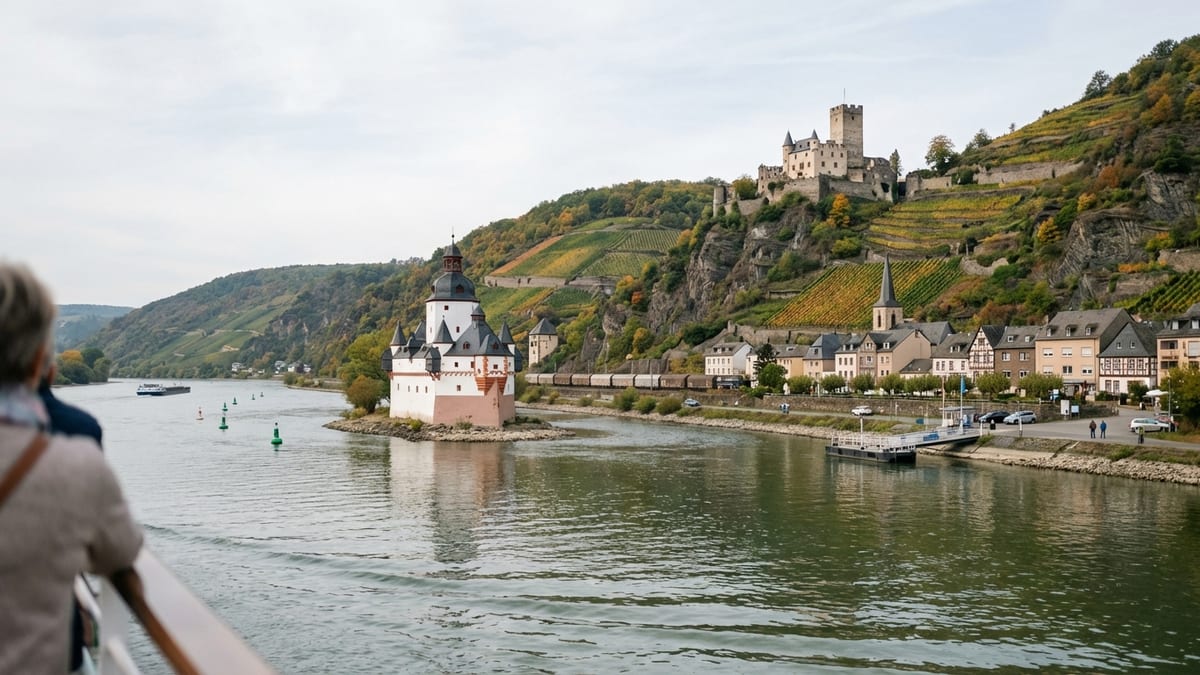 View of Pfalzgrafenstein Castle and Gutenfels Castle from a Rhine River cruise. 