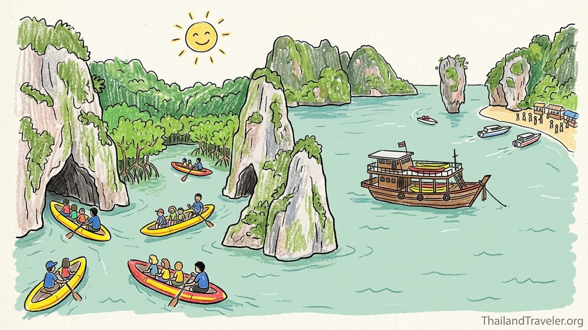 Kayaker approaching a limestone sea cave in Phang Nga Bay under towering cliffs.
