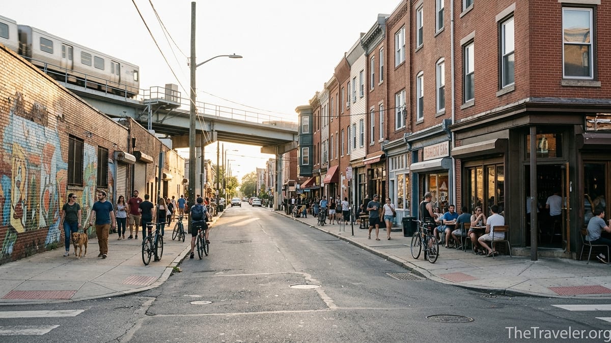 Late afternoon street scene in Philadelphia’s Fishtown with rowhouses, cafes and people walking under warm light.