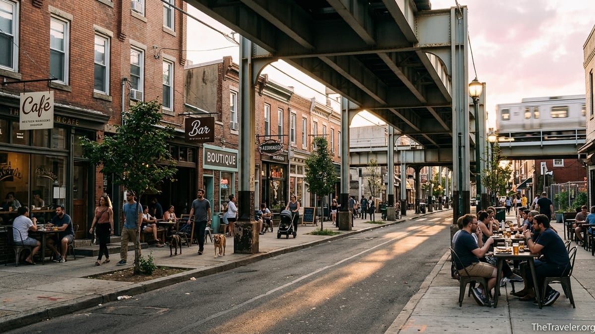 Evening street in Philadelphia’s Fishtown with locals at outdoor cafes under the elevated train.