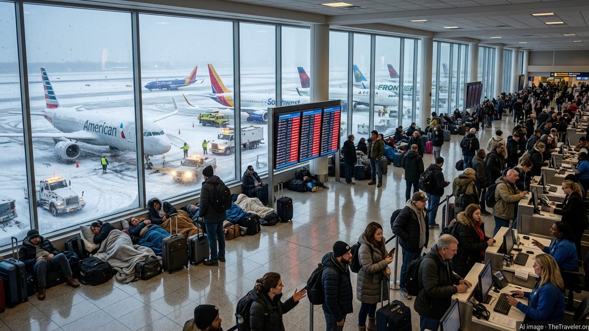 Stranded passengers crowd Philadelphia airport as snow-covered jets sit idle during a blizzard.
