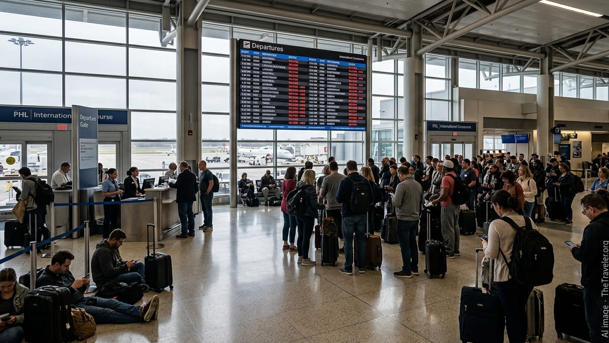 Crowded departure hall at Philadelphia International Airport with travelers waiting amid multiple delayed flights.