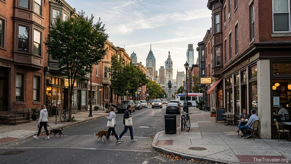 Early evening street in central Philadelphia with rowhouses, cafes and skyline in the background