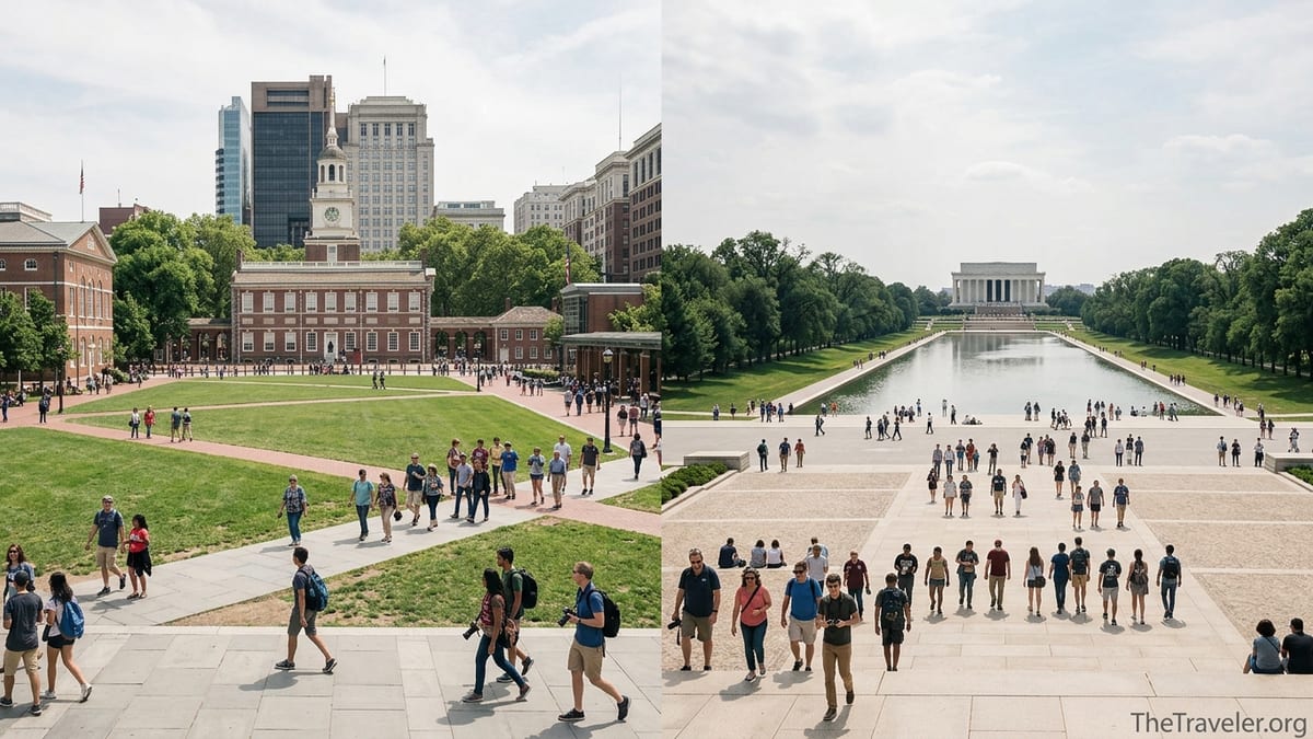 Independence Hall in Philadelphia and the National Mall in Washington DC on a busy afternoon.