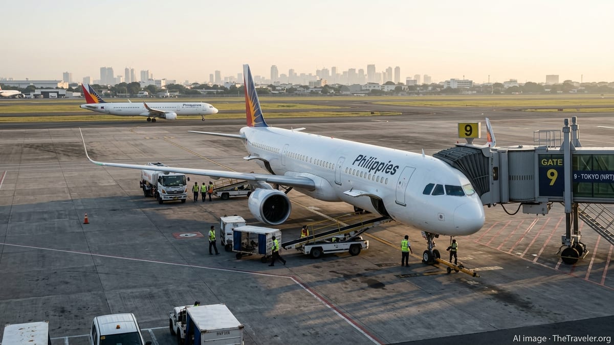 Philippine Airlines jet at Manila airport gate at sunrise, preparing for a Japan flight.