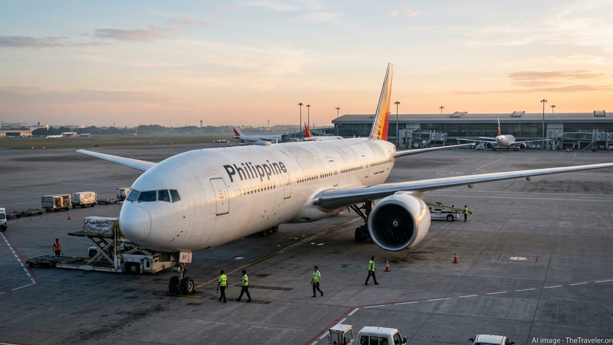 Philippine Airlines Boeing 777-300ER on the apron at sunrise with GE90 engine in view.