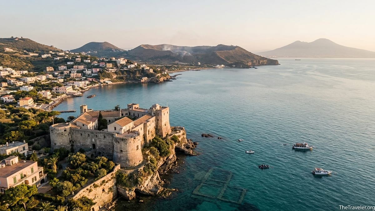 View over Baia castle, submerged ruins and Pozzuoli bay in the Phlegraean Fields near Naples.