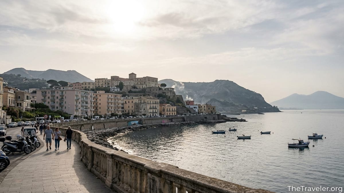 Coastal town of Pozzuoli on the Phlegraean Fields caldera with bay, hills and everyday street life.
