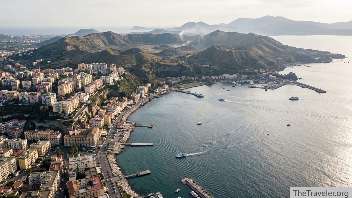 Aerial view of Pozzuoli and the Phlegraean Fields caldera surrounding the Bay of Pozzuoli.