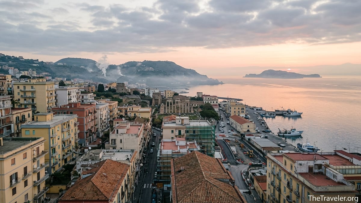 Morning view over Pozzuoli and the Phlegraean Fields caldera with ruins and bay in soft light.