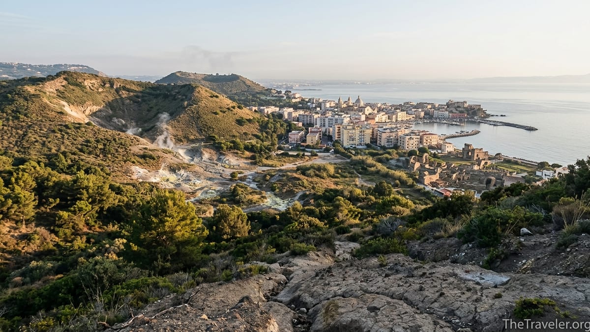Sunrise over the Phlegraean Fields caldera with Pozzuoli and steaming fumaroles near Naples.