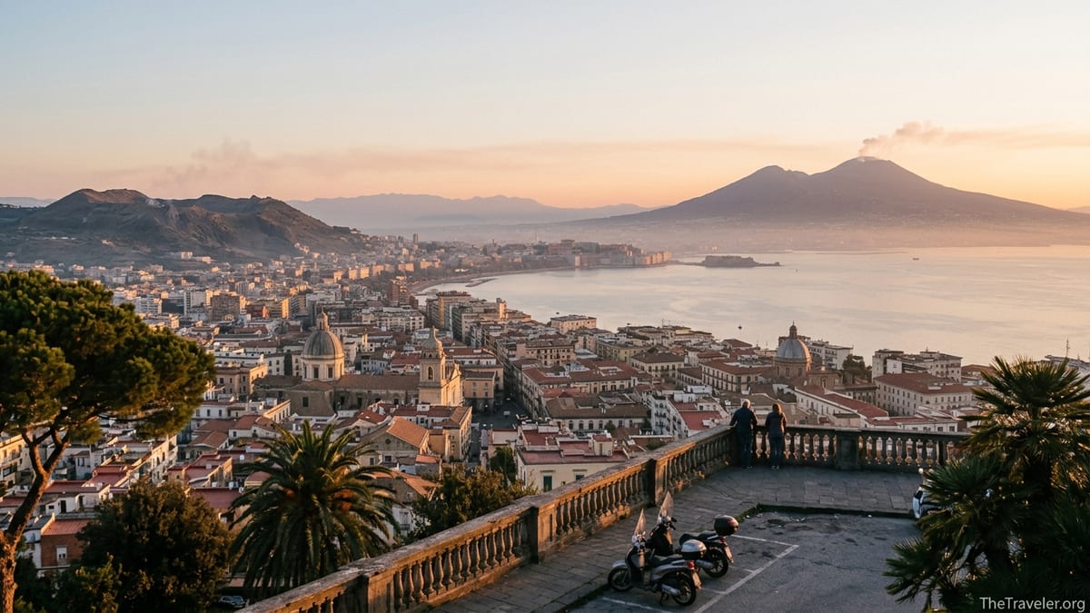 Sunrise view over Naples with Mount Vesuvius and the Phlegraean Fields in the distance.