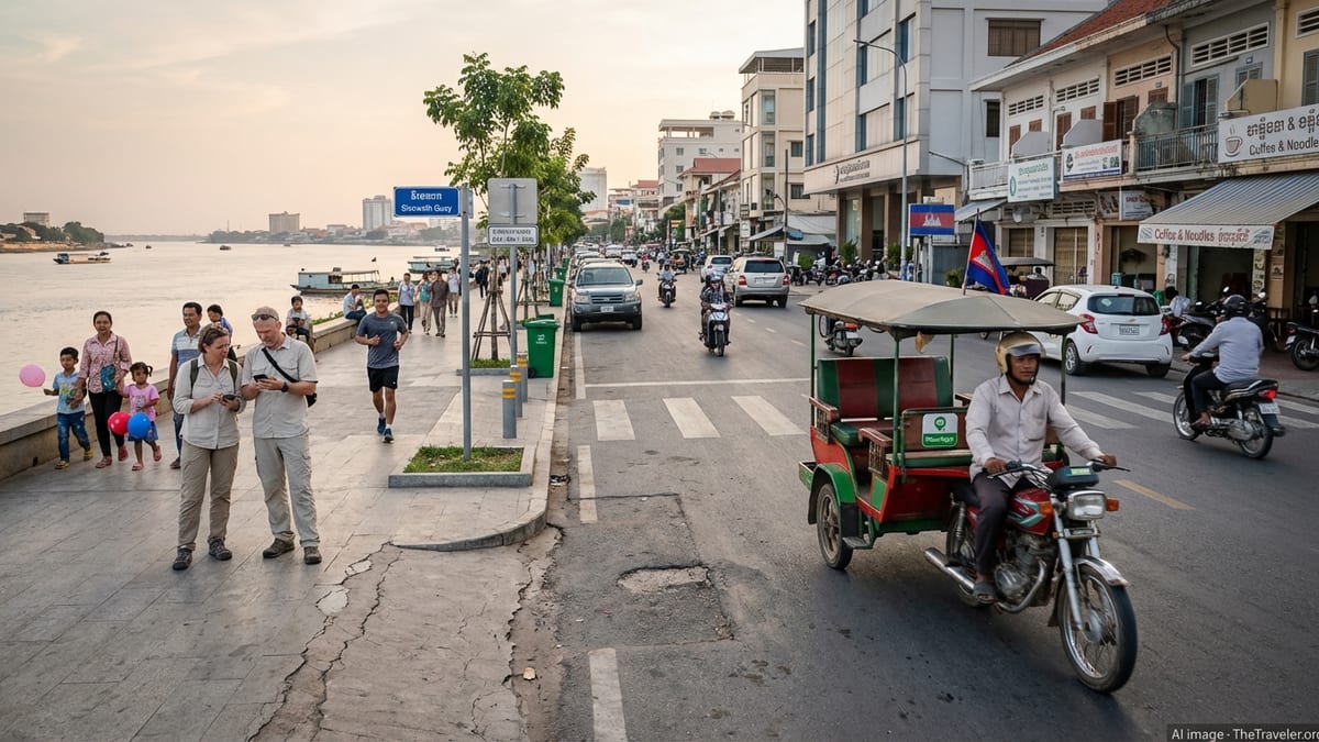 Early evening view of Phnom Penh's riverside with locals, tourists, and tuk-tuks.