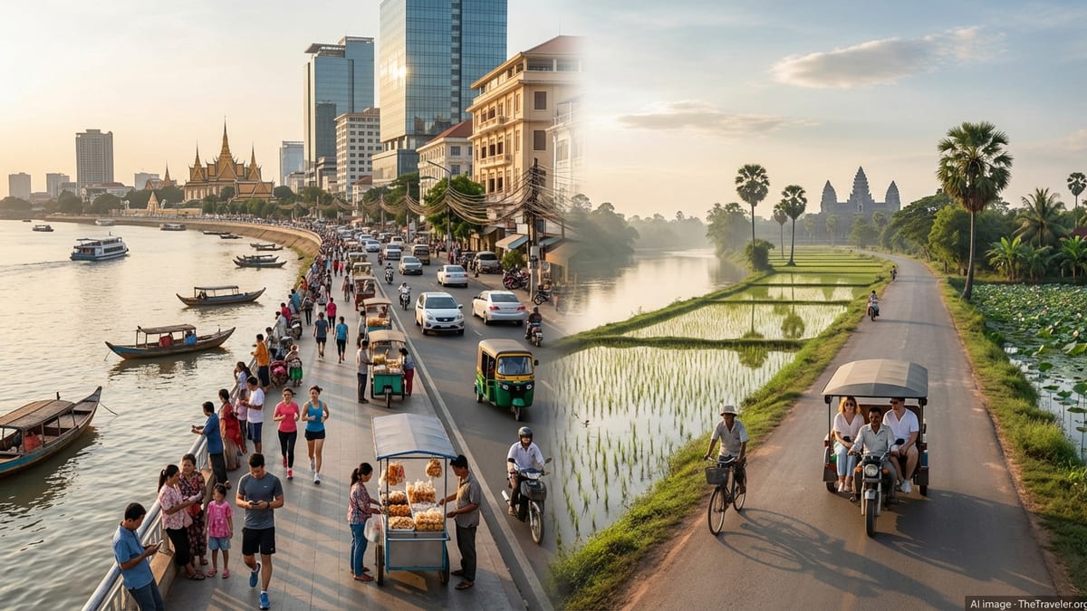 Panoramic view contrasting Phnom Penh's bustling cityscape with Siem Reap's serene countryside.