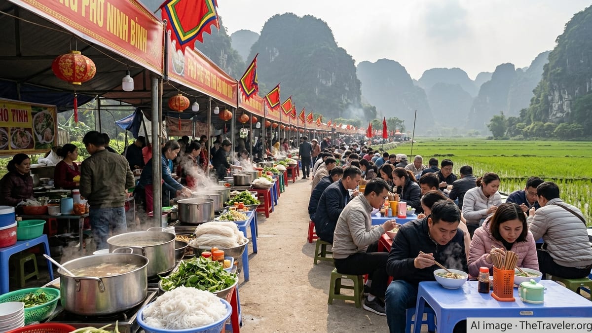 Crowds enjoy steaming bowls of pho at an outdoor festival in Ninh Binh with karst mountains behind.