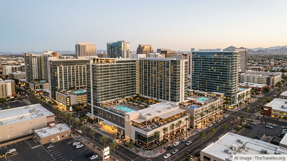 Early evening aerial view of downtown Phoenix hotels glowing with lights and rooftop pools.