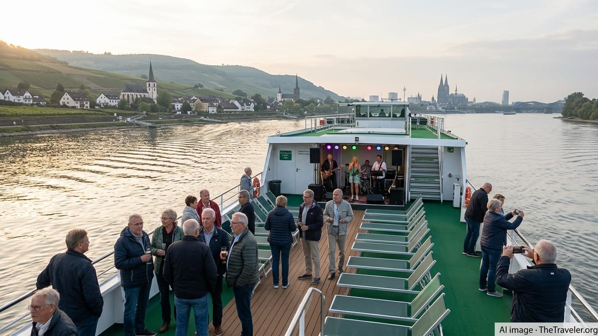 Guests on a Phoenix Reisen river ship enjoy live music on deck while cruising a scenic German river at sunset.