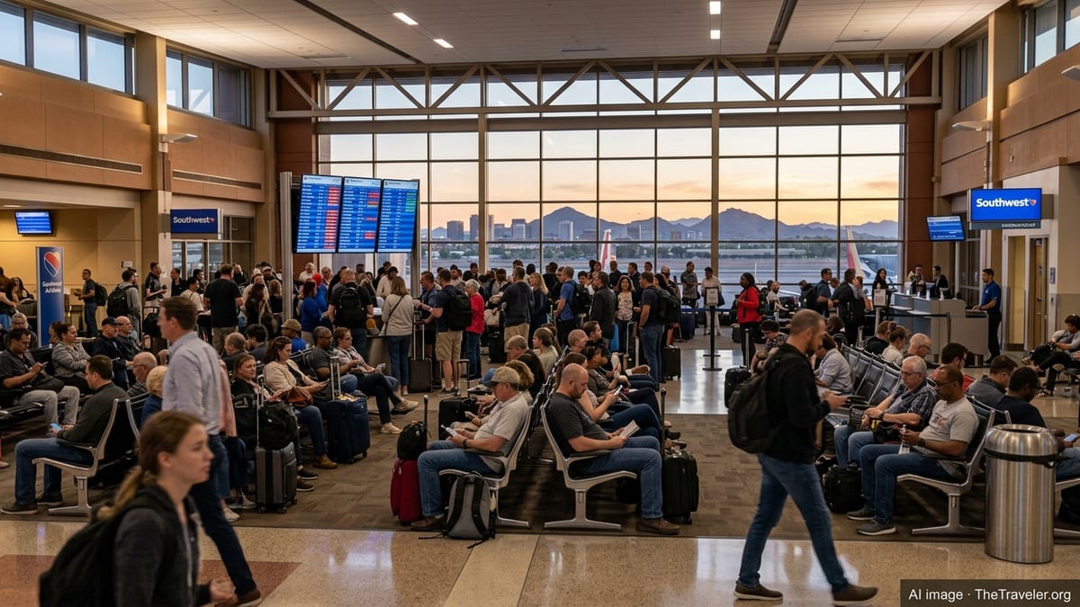 Crowded concourse at Phoenix Sky Harbor with passengers waiting under boards showing delayed flights.