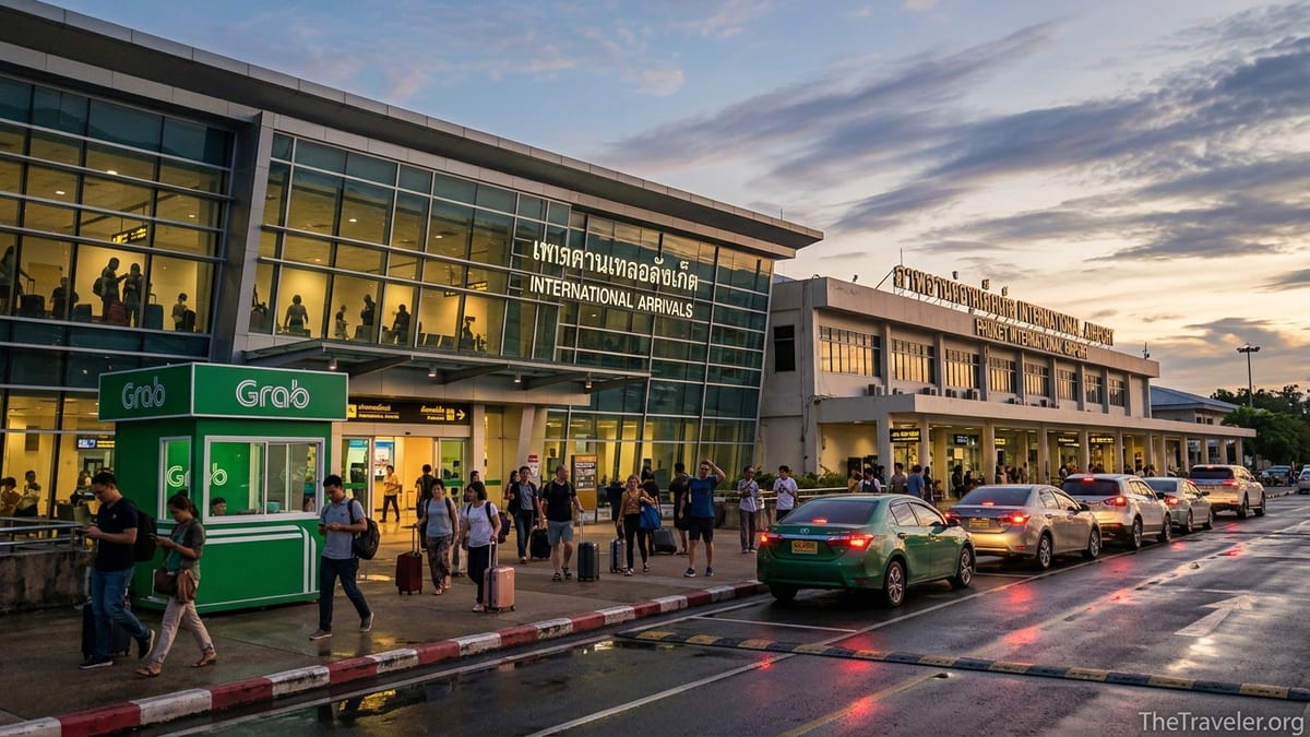 Travelers walking to the Grab pickup booth outside Phuket International Airport arrivals at dusk.