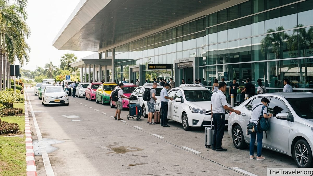 Official taxis and EVs waiting outside Phuket International Airport arrivals curb.