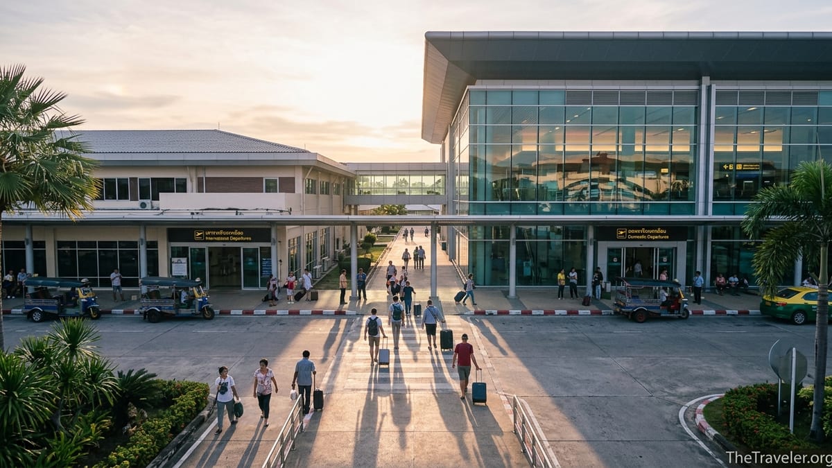Travelers walking between Phuket Airport’s international and domestic terminals at sunrise.