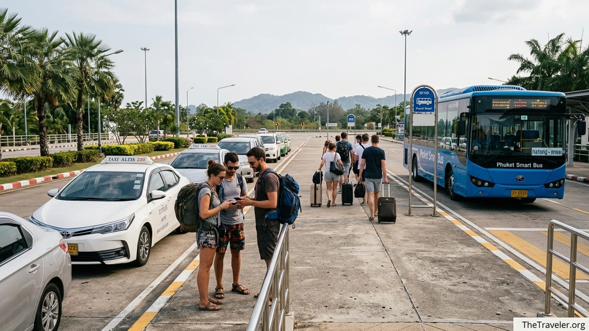 Travelers boarding Phuket Smart Bus and taxis outside Phuket International Airport.