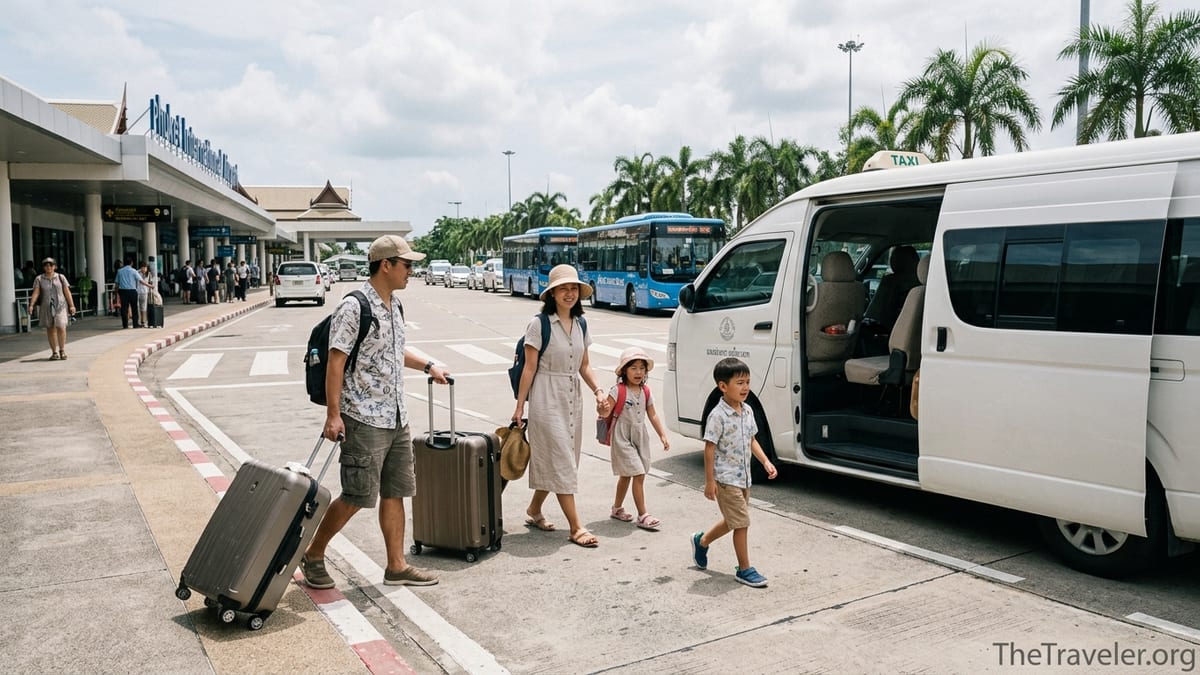 Family with luggage walking to a minivan taxi outside Phuket International Airport.