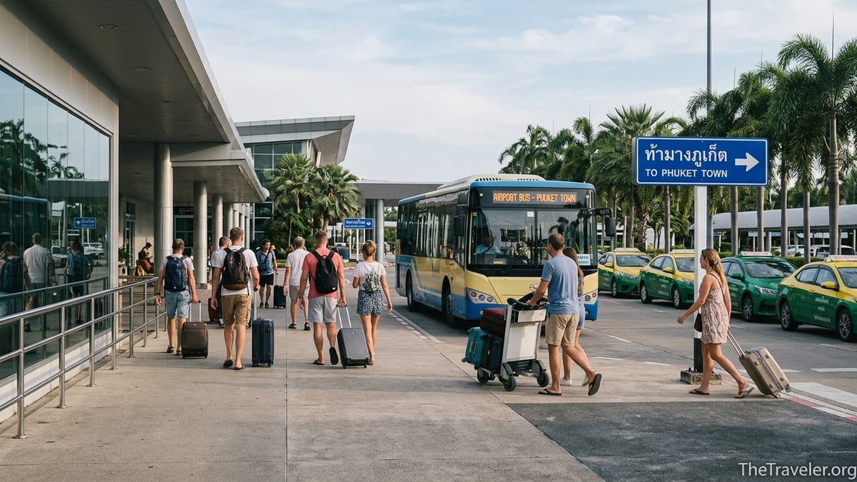 Travelers with suitcases boarding a bus and taxis outside Phuket Airport arrivals.