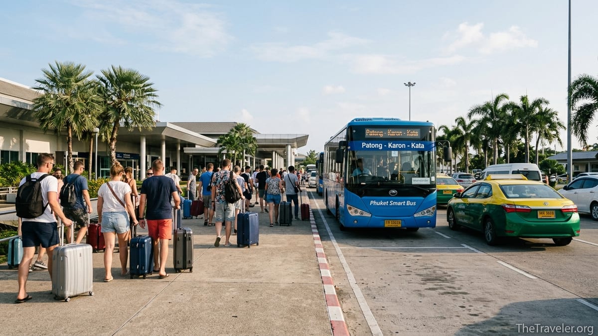 Travelers outside Phuket Airport choosing between taxi and Smart Bus to Patong