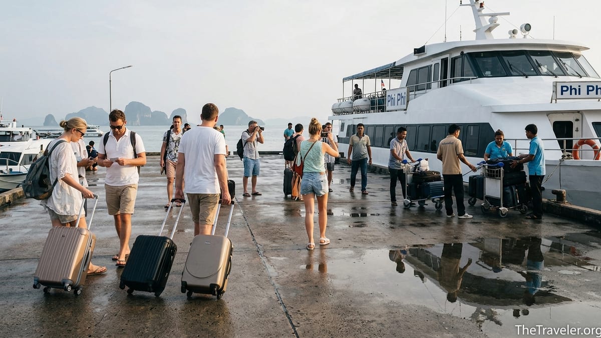 Travelers with luggage walking toward a Phi Phi ferry at Phuket’s Rassada Pier in late afternoon light.