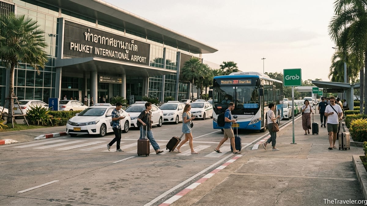 Travelers outside Phuket Airport choosing between taxis and the Phuket Smart Bus at the arrivals curb.