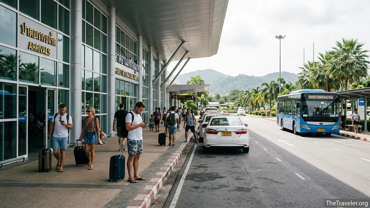 Travelers with luggage boarding a Phuket Smart Bus and taxis outside Phuket International Airport.