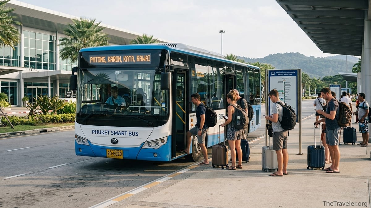 Travelers boarding a Phuket Smart Bus at Phuket International Airport in the late afternoon.