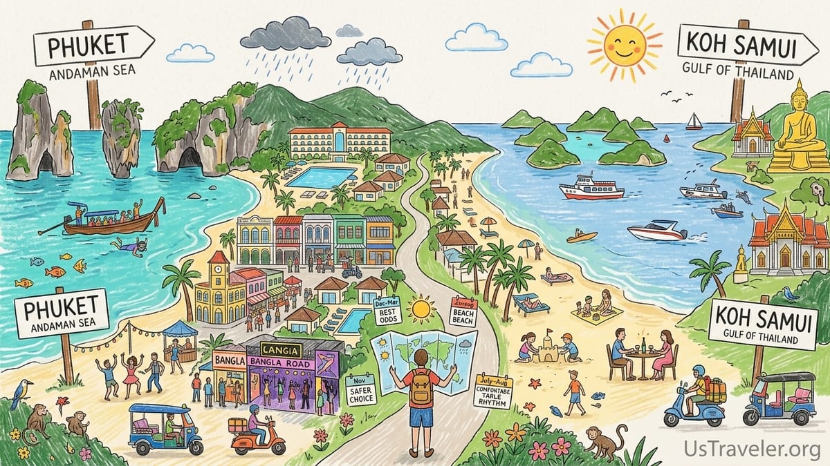 Phuket vs Koh Samui concept photo with boats, tropical beach, and distant limestone islands at sunset.