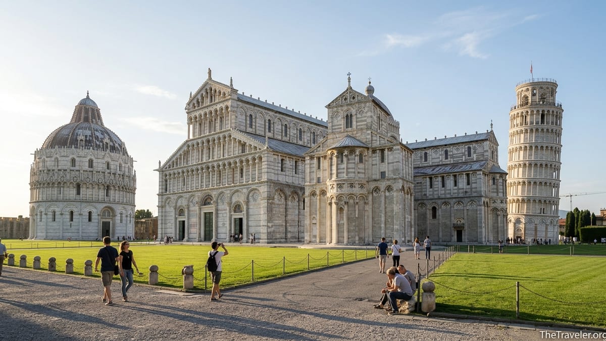 Visitors walking across the green lawn of Pisa’s Piazza dei Miracoli with the cathedral, baptistery and Leaning Tower in view
