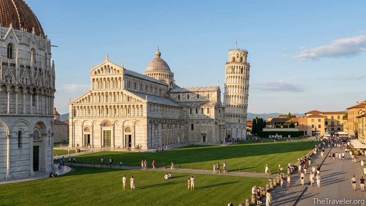 Leaning Tower, cathedral and baptistery in Pisa’s Piazza dei Miracoli at golden hour with visitors on the lawn.