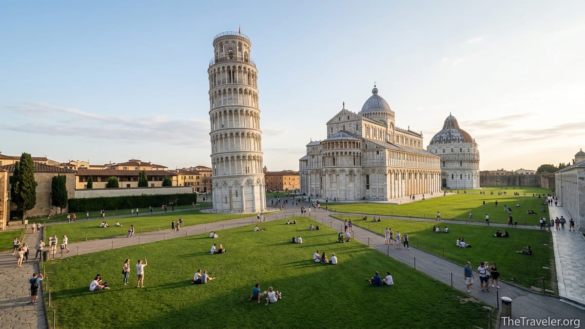 Wide view of Pisa’s Piazza dei Miracoli with Leaning Tower, cathedral and baptistery at golden hour.