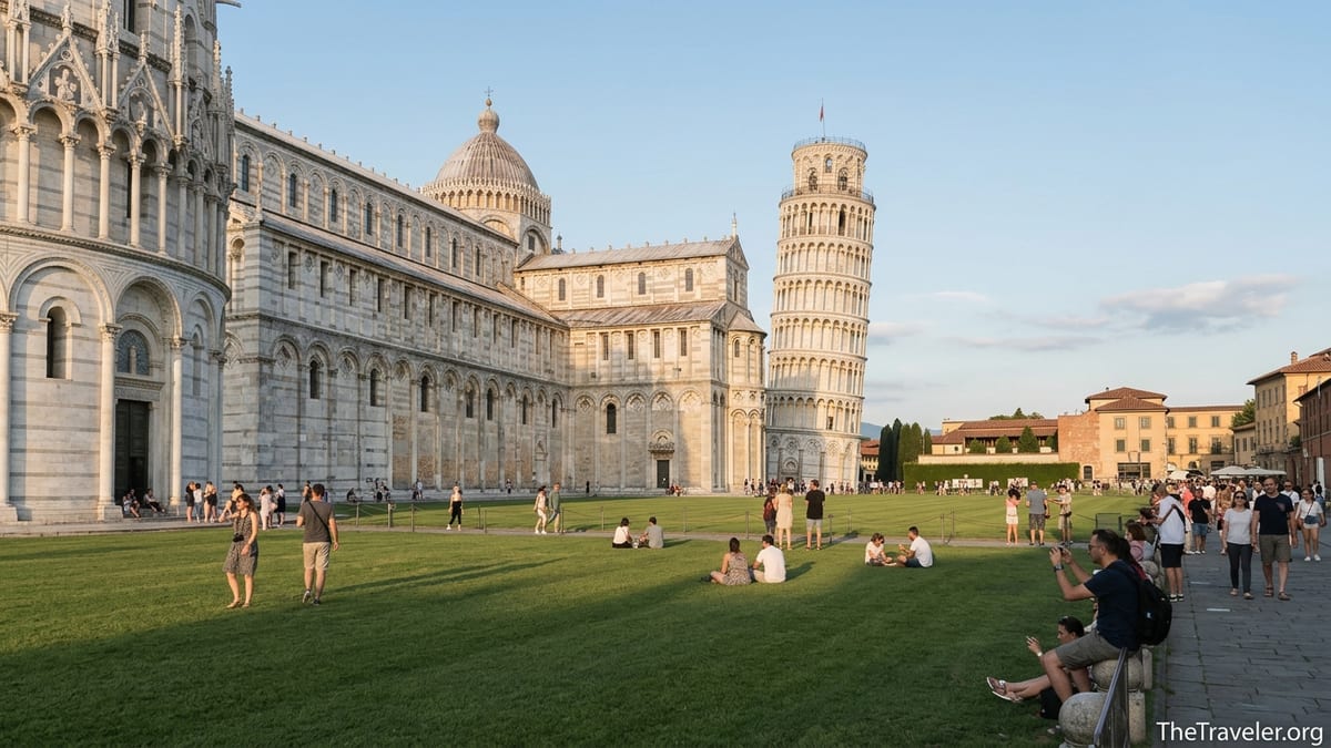 Late afternoon view of Pisa’s Piazza dei Miracoli with Leaning Tower, cathedral and visitors on the lawn.