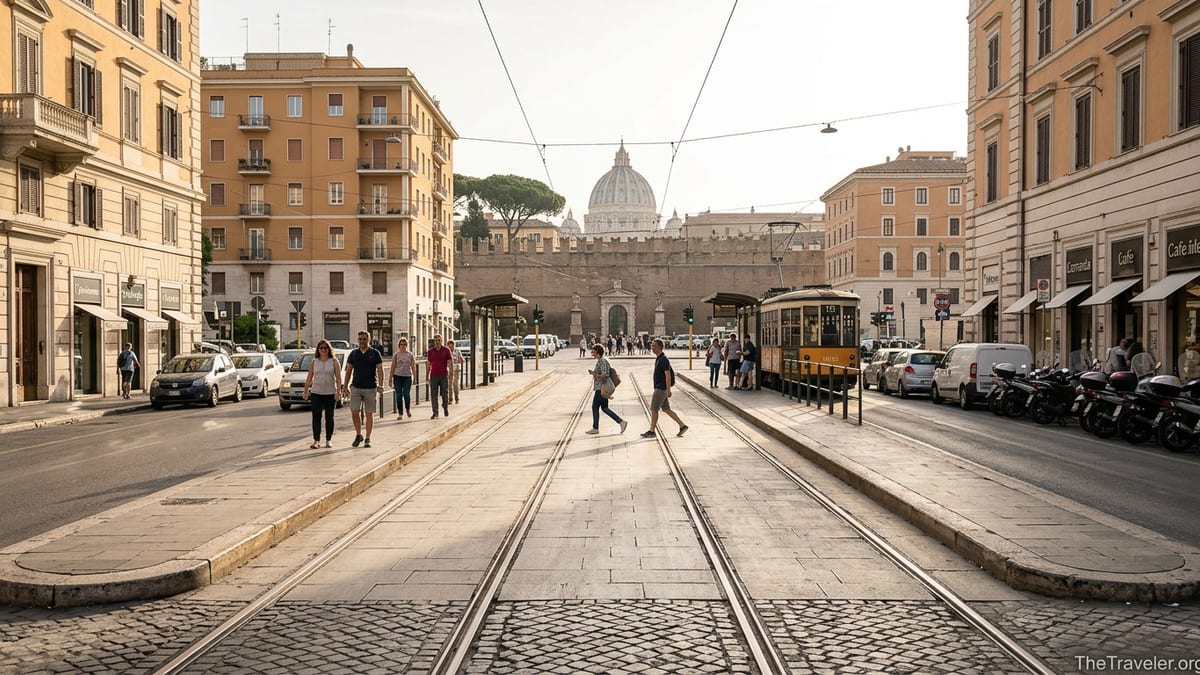 Early morning view of Piazza del Risorgimento in Rome with light crowds heading toward the Vatican.