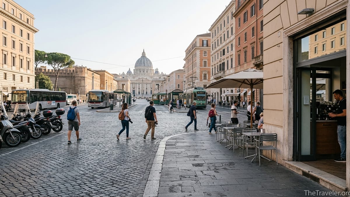 Morning view of Piazza del Risorgimento with Vatican walls, tram, buses and people walking toward the Vatican.