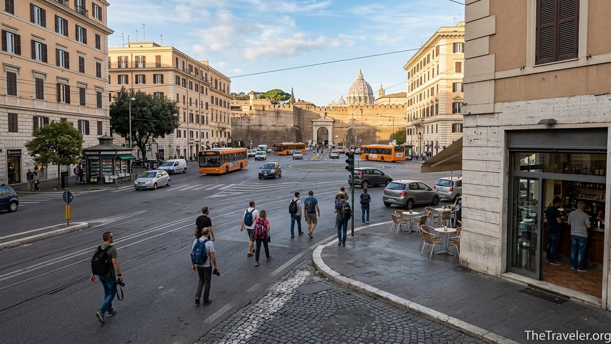 Morning view of Piazza del Risorgimento with buses, cafes, and Vatican walls nearby