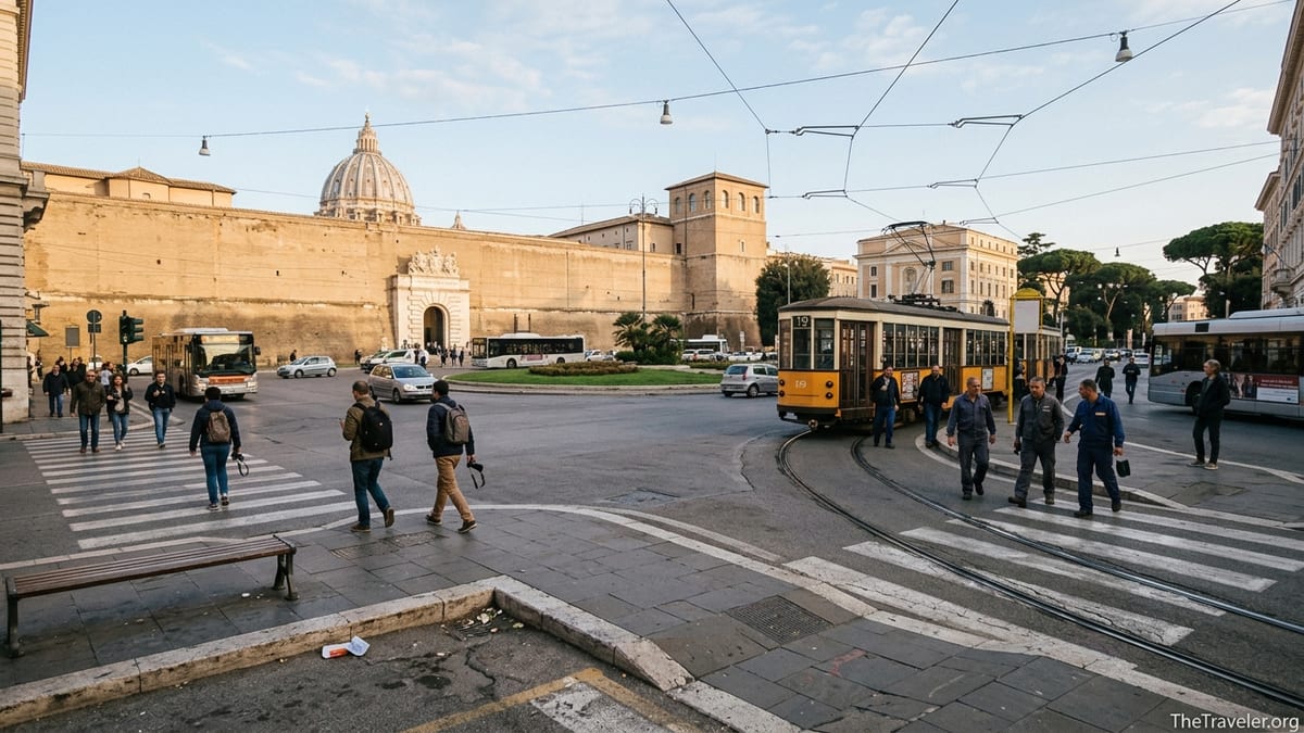 Early morning pedestrians and trams crossing Piazza del Risorgimento near the Vatican walls in Rome.