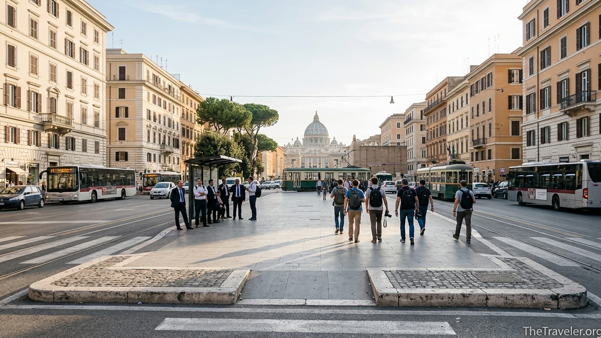 View of busy Piazza del Risorgimento near the Vatican with buses, tram and pedestrians.
