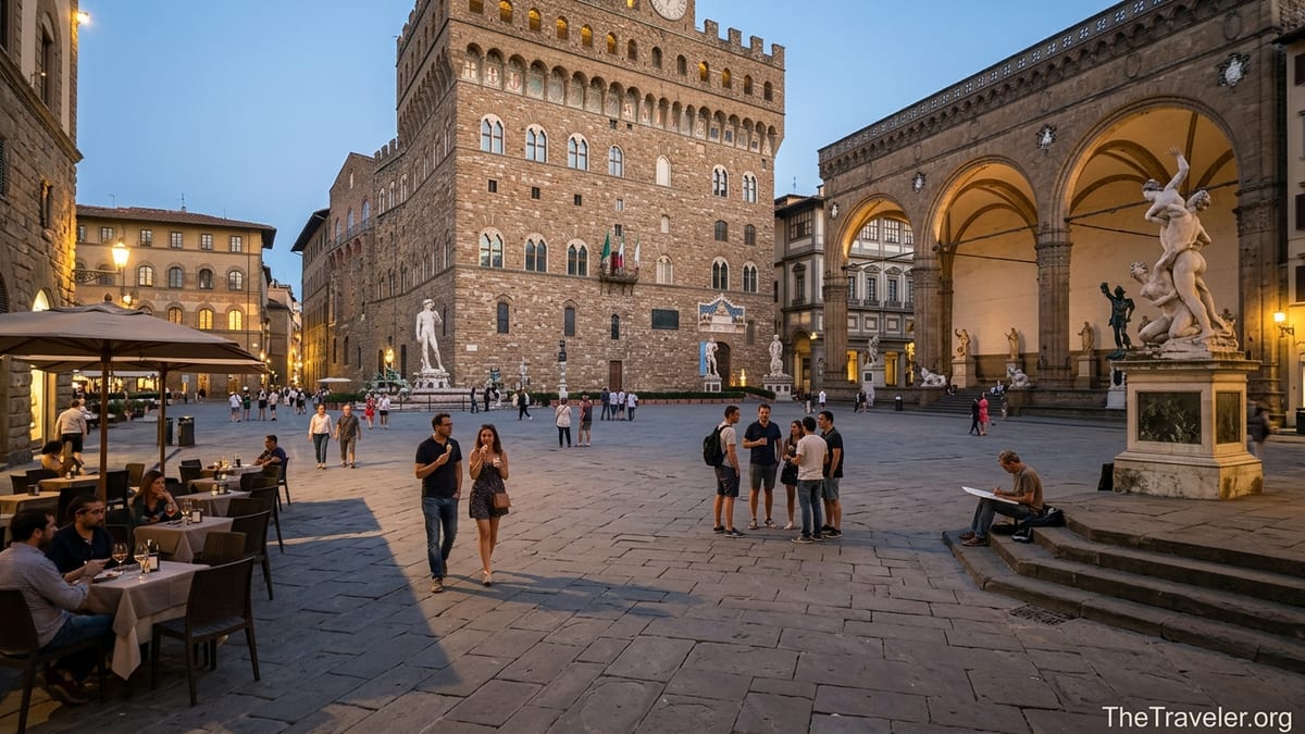 Evening crowds and statues in Florence’s Piazza della Signoria near Palazzo Vecchio and Loggia dei Lanzi.