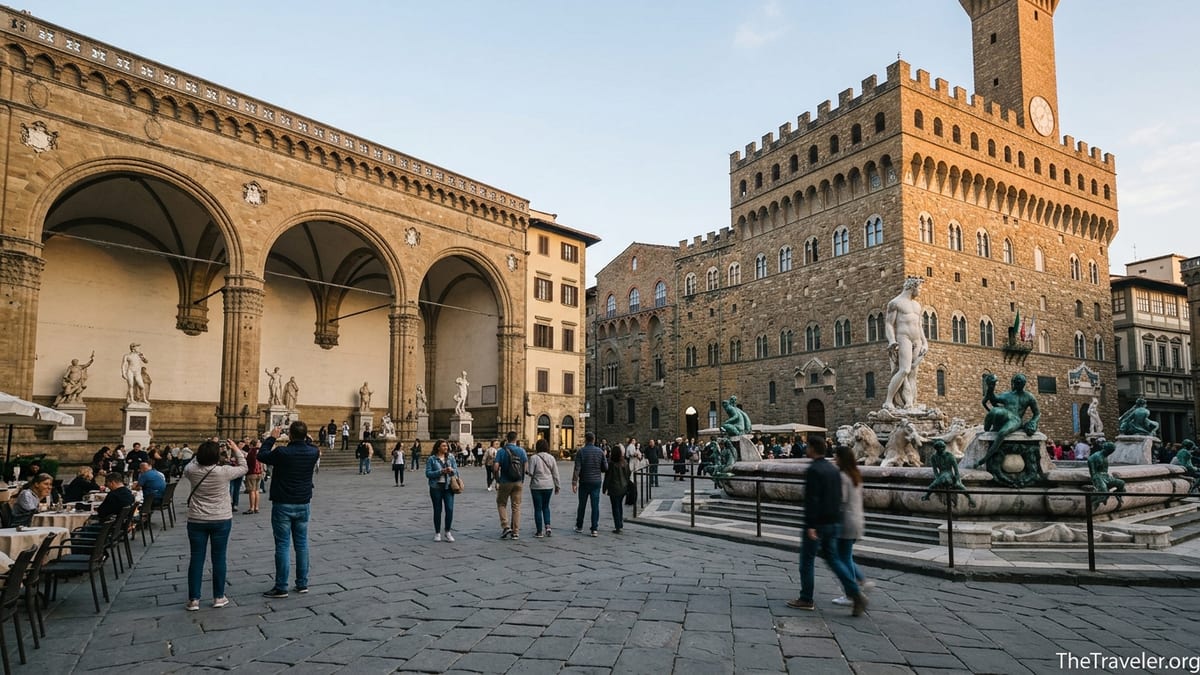 Early evening view of Florence’s Piazza della Signoria with Palazzo Vecchio, Neptune Fountain and people crossing the square.