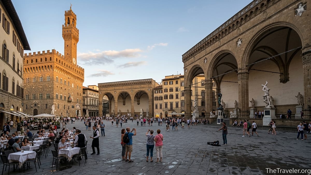 Early evening view of Florence’s Piazza della Signoria with Palazzo Vecchio, Loggia dei Lanzi and visitors in the square.