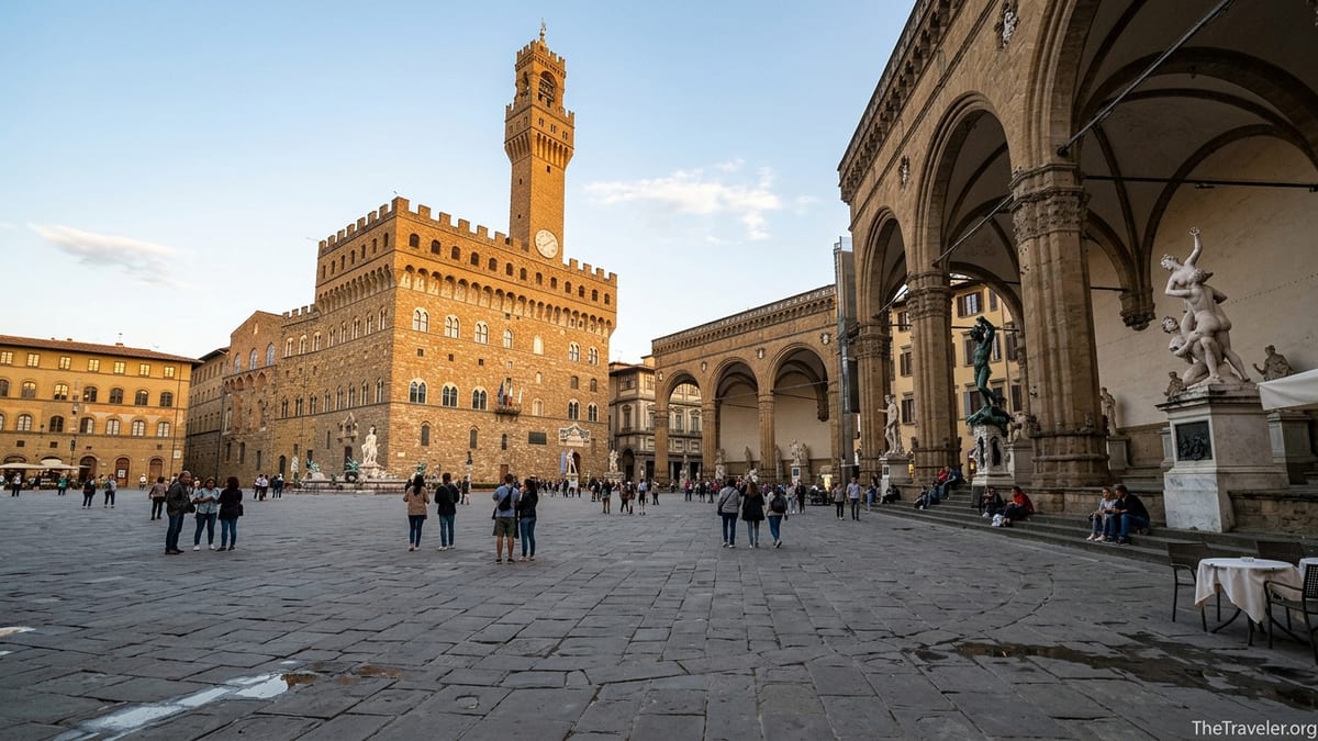 Early evening view of Piazza della Signoria with Palazzo Vecchio, Loggia dei Lanzi and people crossing the square.