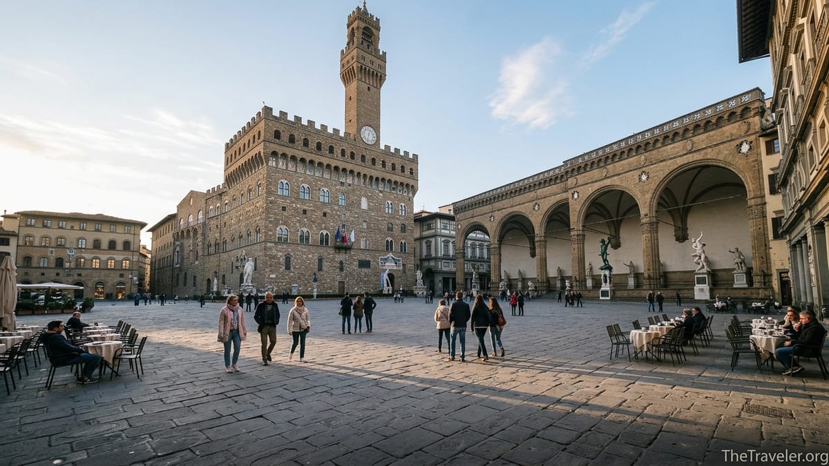 Wide view of Piazza della Signoria with Palazzo Vecchio and Loggia dei Lanzi on a sunny morning.