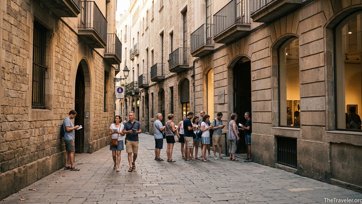 Evening crowd outside the Picasso Museum on a narrow stone street in Barcelona’s El Born district.