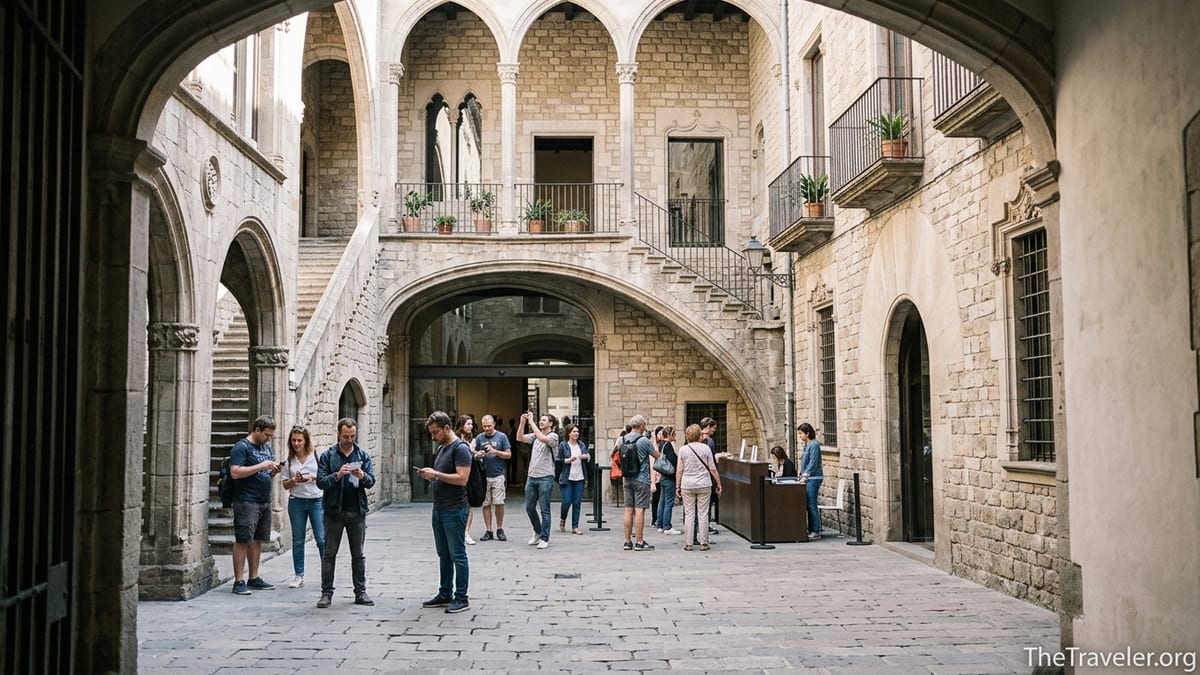 Visitors entering the stone courtyard of the Picasso Museum in Barcelona’s El Born district.